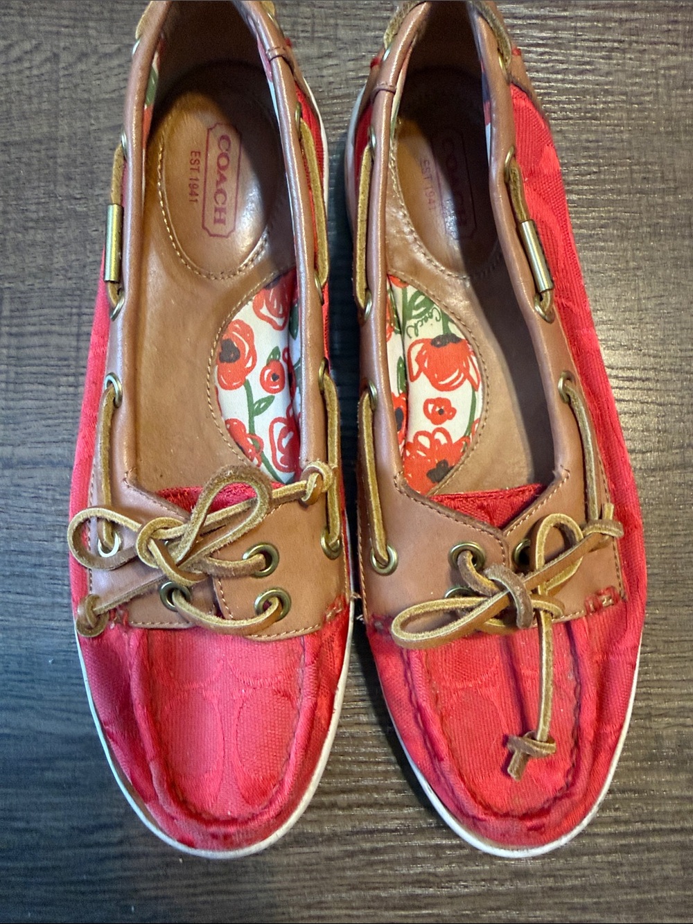 COACH Red Canvas & Tan Leather Slip-On Boat Loafers